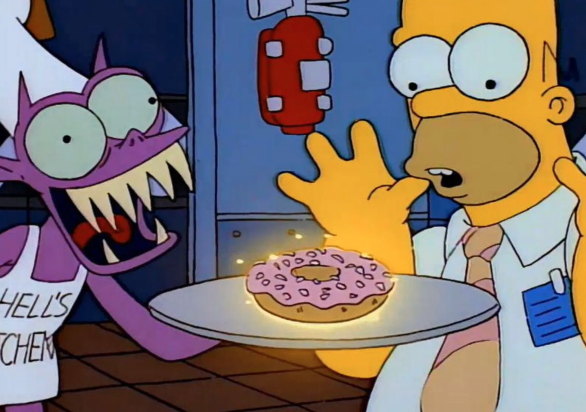 Homer, vendiendo su alma al diablo por un donut.