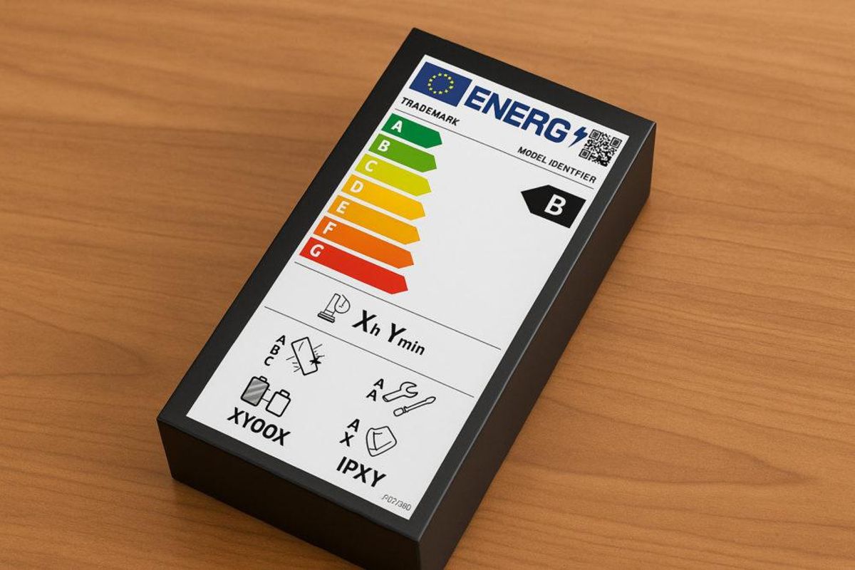 Etiqueta energética en la caja de un móvil.