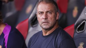 Hansi Flick, técnico del Barça, durante el último partido en Mallorca.