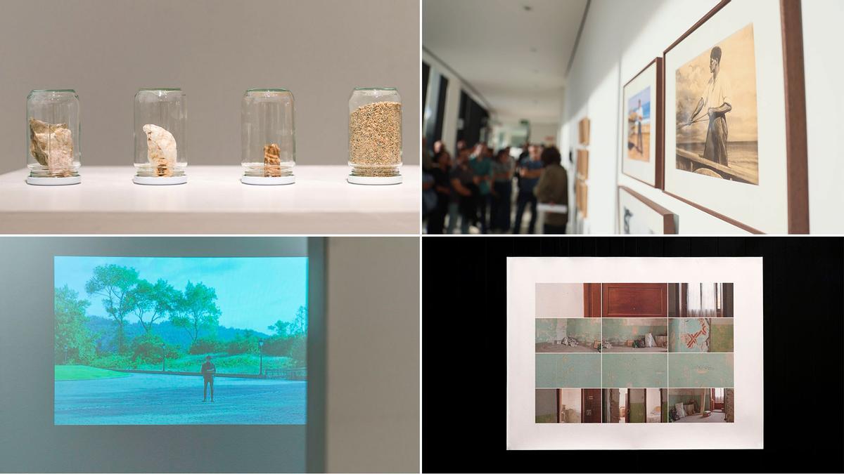 Fotografías, objetos e imágenes  que forman parte de la exposición "La imaxe, lo tapecío"