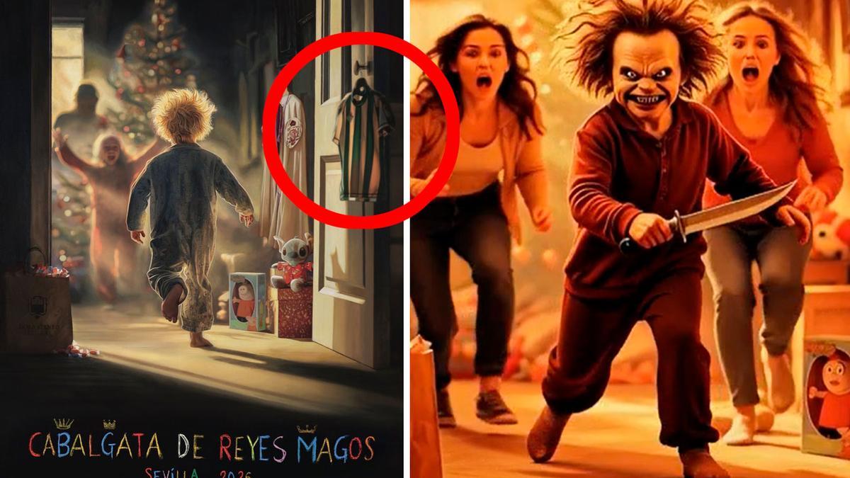 El cartel original con la camiseta del Betis, y una imagen de carteles alternativos hechos con IA.