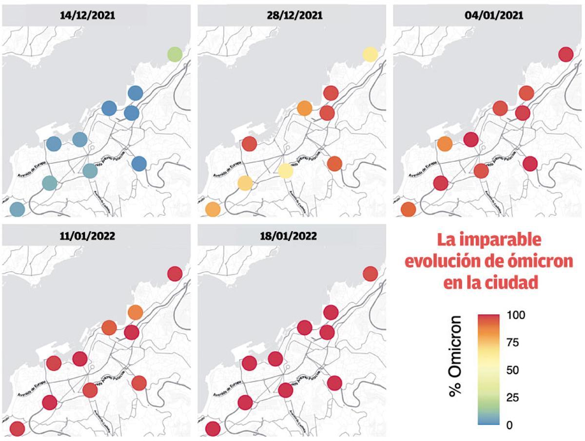 Mapa de expansión de ómicron en los barrios de Vigo.
