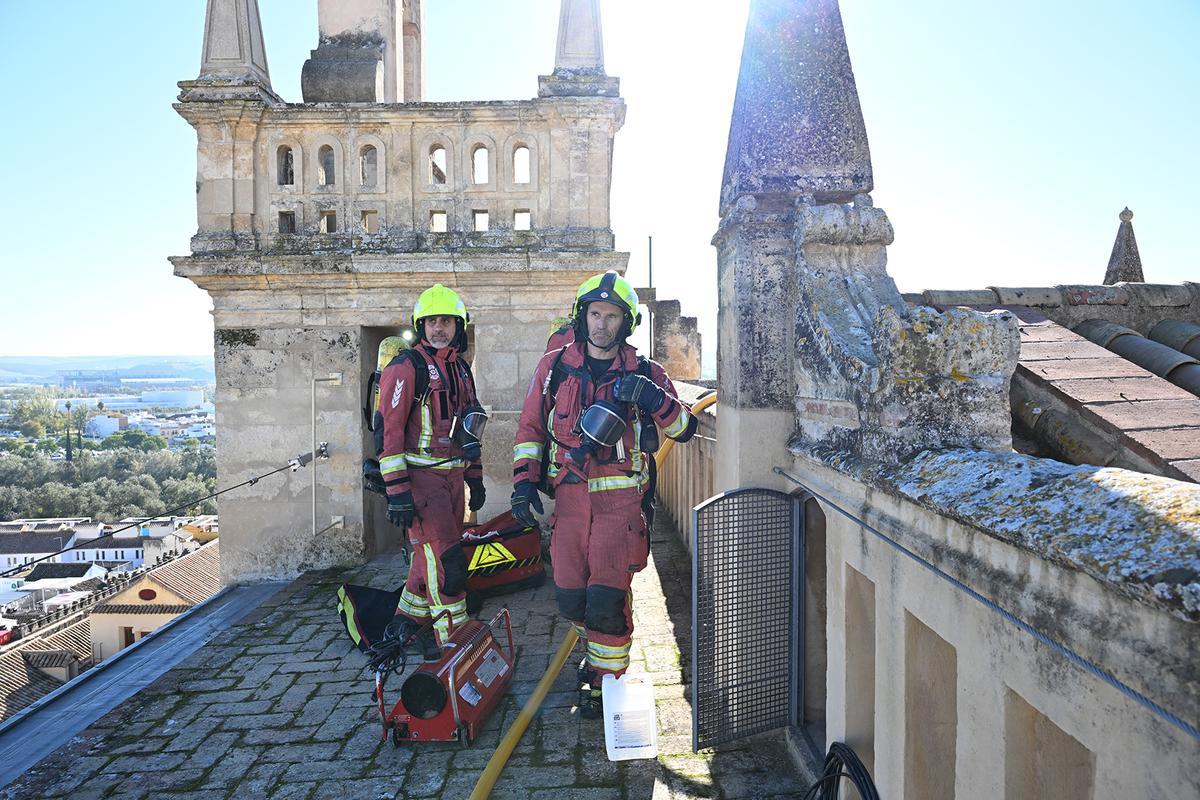 Bomberos, durante el simulacro de este jueves en la Mezquita Catedral.