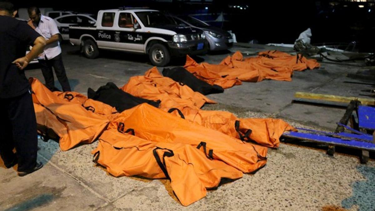 A view of the bodies of dead migrants that were recovered by the Libyan coastguard after a boat sank off the coastal town of Zuwara