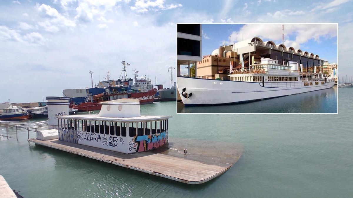 A la izquierda, imagen actual del barco semihundido. A la derecha, en sus tiempos de esplendor con servicio de barco-restaurante.