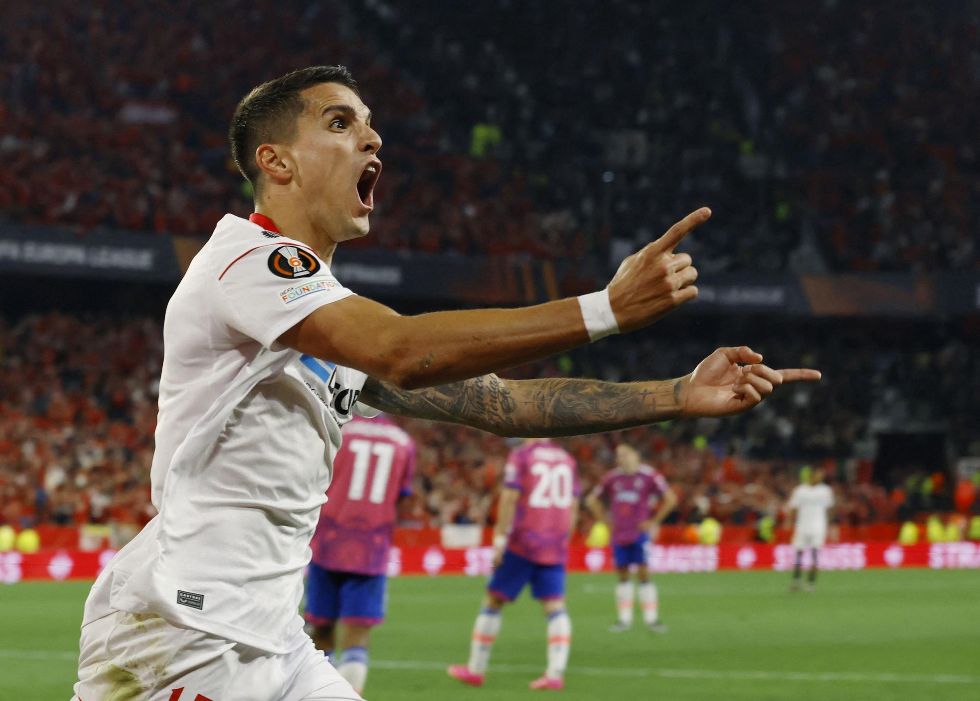 Erik Lamela celebra el gol que propició el pase a la final del Sevilla ante la Juventus.