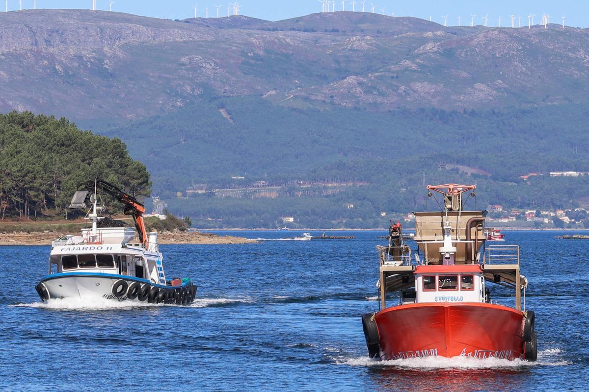 Barcos auxiliares de acuicultura en la ría de Arousa.