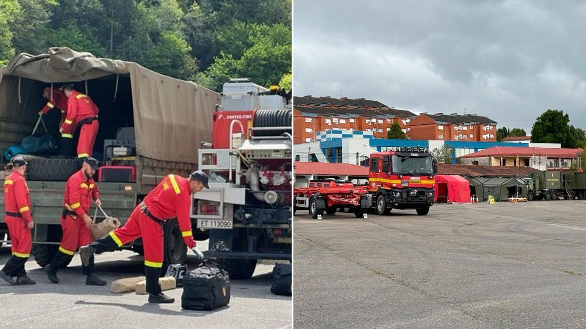 A la izquierda, efectivos llegando al polideportivo de Luarca y, a la derecha, vehículos en el recinto ferial de Tineo.