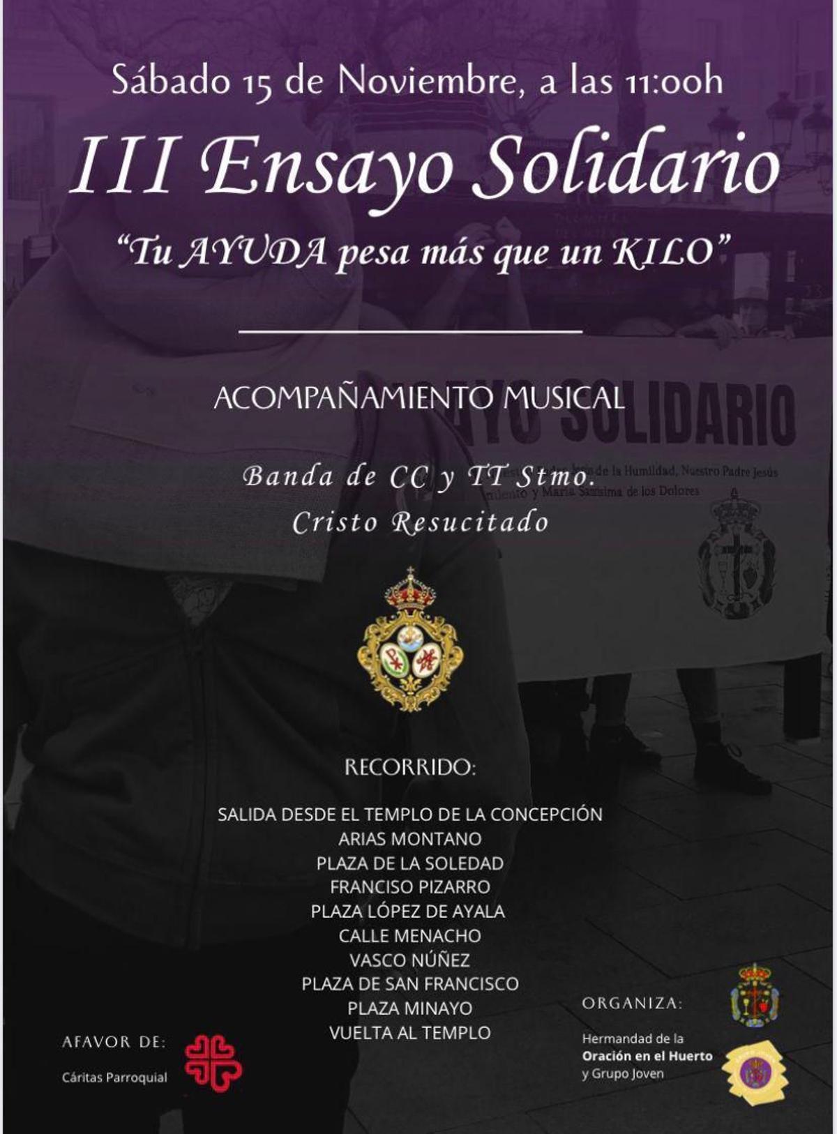 Cartel anunciador del tercer ensayo solidario de la Oración en el Huerto de Badajoz.