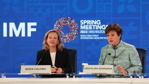 Nadia Calviño y Kristalina Georgieva, en rueda de prensa.