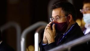 Bartomeu, en el palco del Palau Blaugrana durante la pasada semifinal de la Liga de Campeones de fútbol sala.