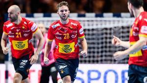 Stockholm (Sweden), 24/01/2020.- Spain’s Aleix Gomez Abello celebrates during the semi final match between Spain and Slovenia at the Men’s European Handball Championship in Stockholm, Sweden, 24 January 2020. (Balonmano, Eslovenia, España, Suecia, Estocolmo) EFE/EPA/Erik Simander SWEDEN OUT