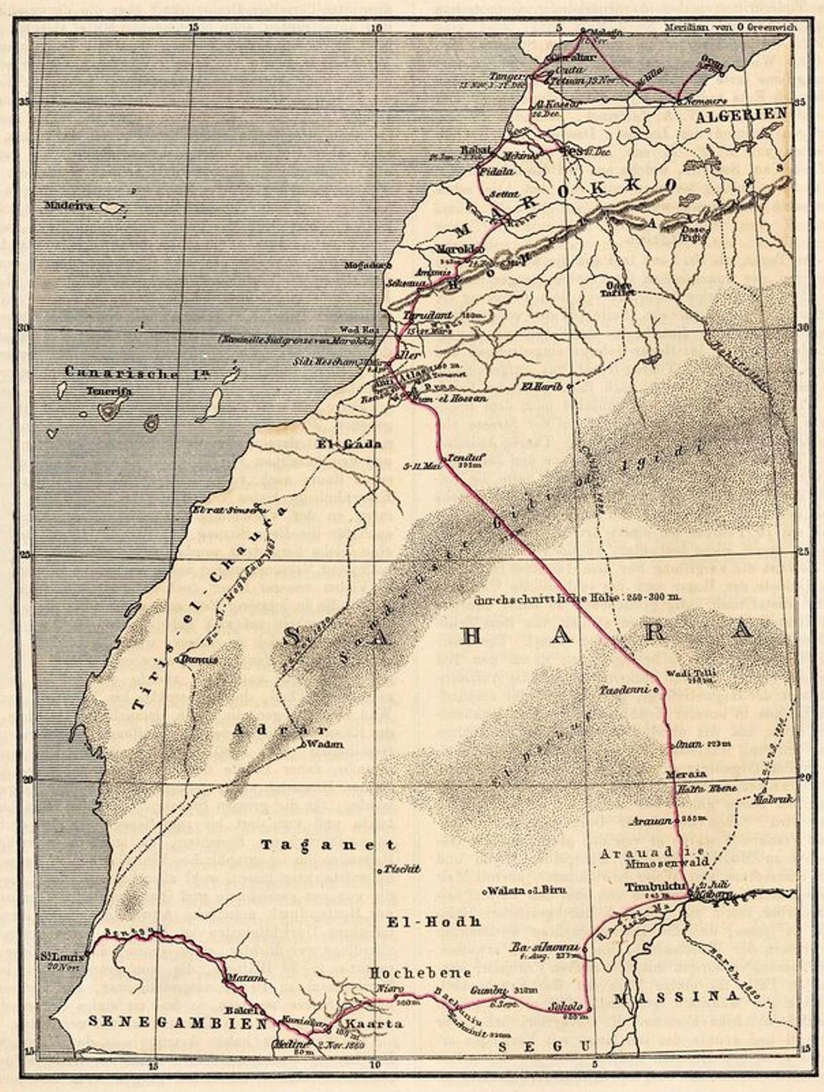 Mapa de la expedición científica de Tánger a Tombuctú de Cristóbal Benítez y Oskar Lenz que regresó a Europa por mar desde Senegal.