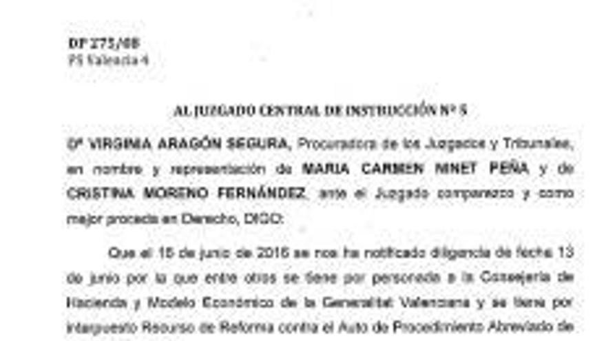 El escrito dirigido por la acusación del PSPV al Juzgado de Instrucción central número 5 de la Audiencia Nacional.