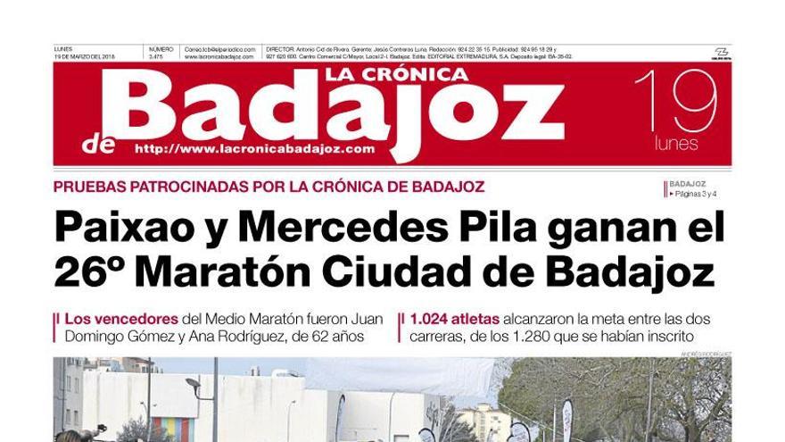 Esta es la portada de LA CRÓNICA DE BADAJOZ correspondiente al día 19 de marzo del 2018