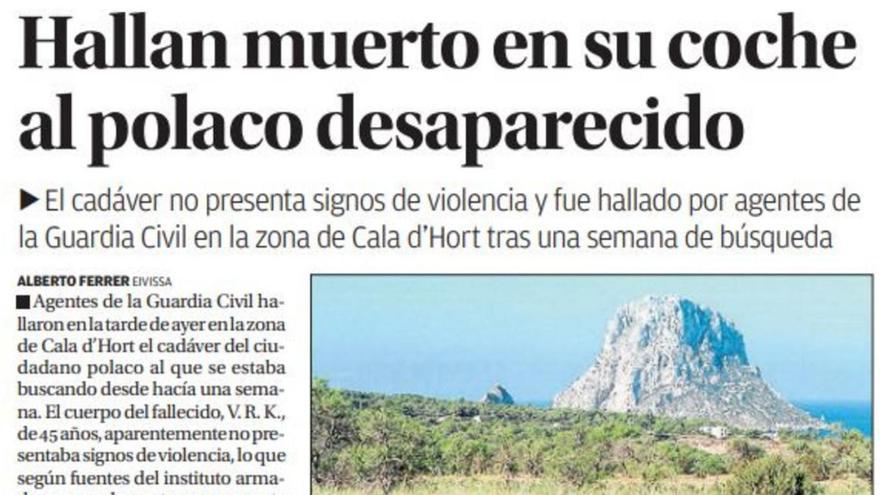 La noticia del fallecimiento de V.R.K., en Eivissa en el año 2014.