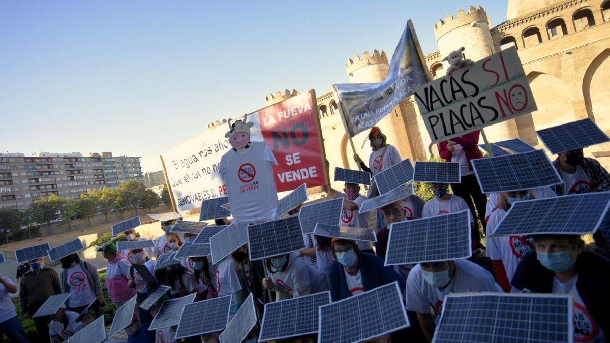 &quot;Vacas sí, placas no&quot;. El lema de la protesta de los vecinos de La Fueva frente a la Aljafería.