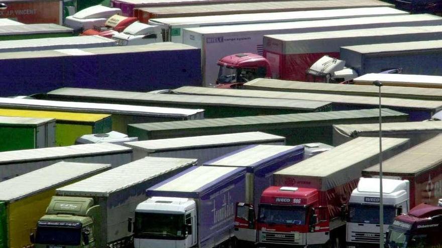 Muchos camiones aparcados en un área de estacionamiento.