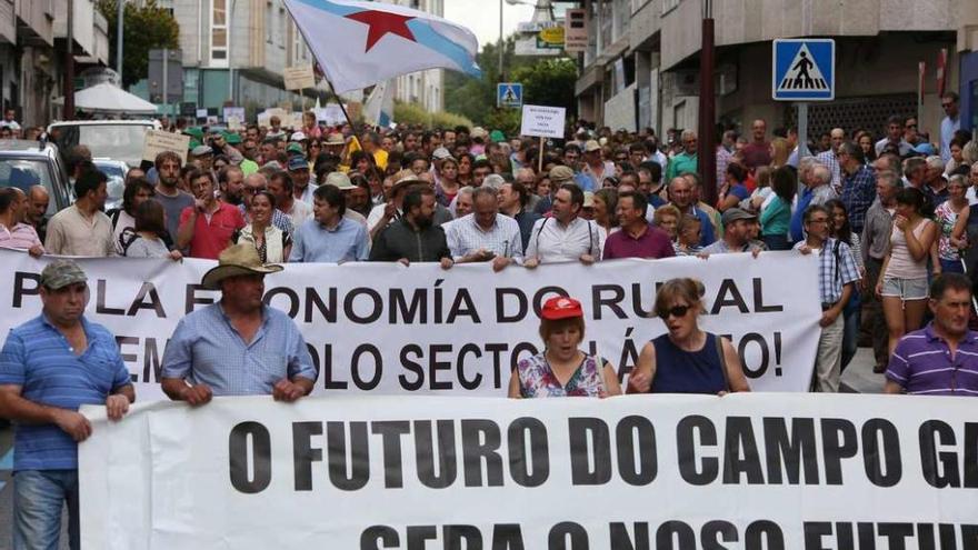 Cabecera de la manifestación de ganaderos, ayer, en Lalín.