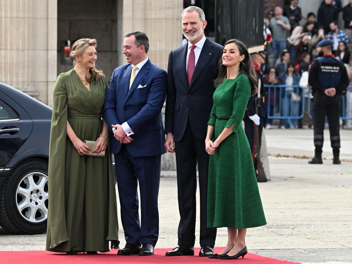Stéphanie de Lannoy, Guillermo V de Luxemburgo, el Rey Felipe VI y la Reina Letizia durante el recibimiento en el Palacio Real, a 05 de marzo de 2026, en Madrid (España). Los Grandes Duques de Luxemburgo comenzaron su reinado en octubre del año pasado, tras la abdicación de Enrique de Luxemburgo a favor de su hijo. José Oliva / Europa Press REALEZA;DUQUES;LUXEMBURGO 05/3/2026. Rey Felipe VI;Reina Letizia;Guillermo V de Luxemburgo;Stéphanie de Lannoy;José Oliva;category_code_sho