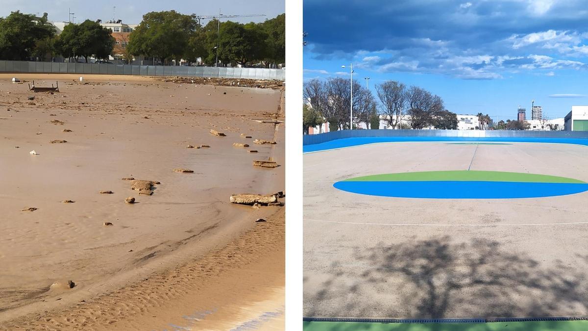 La pista de patinaje el 21 de octubre y el espacio deportivo ahora, a la derecha.