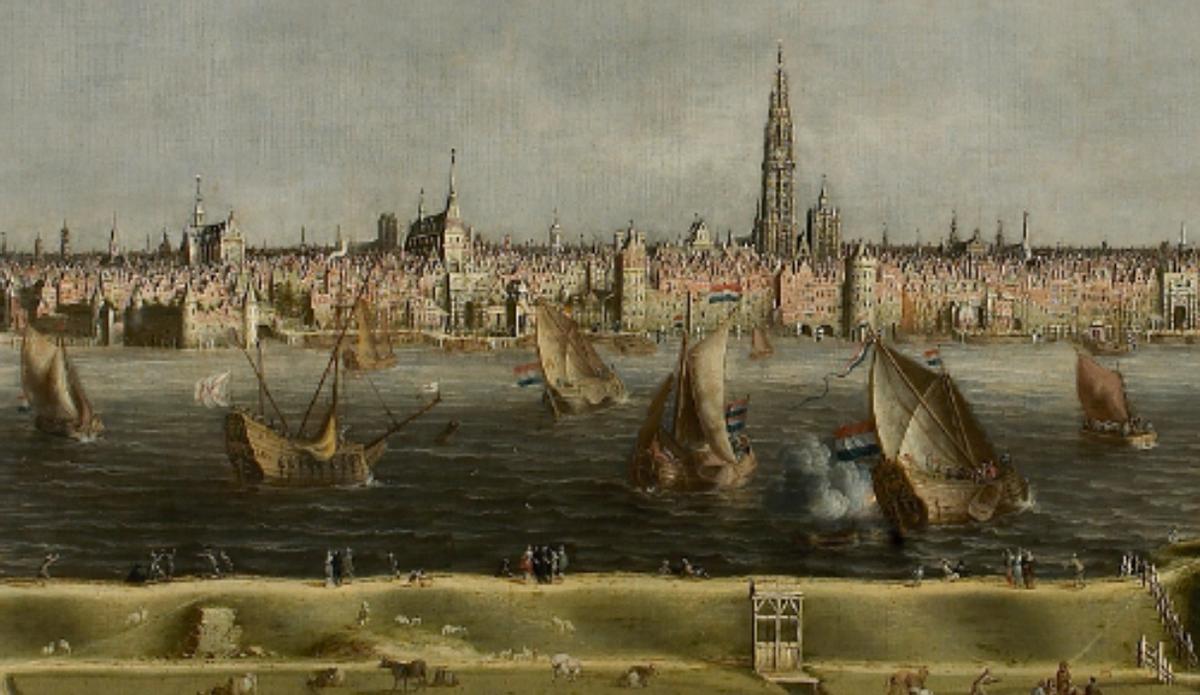 Vista del puerto de Amberes, de Jan Baptist Bonnecroy. La obra ilustra el mundo portuario de los Países Bajos españoles en el siglo XVII.