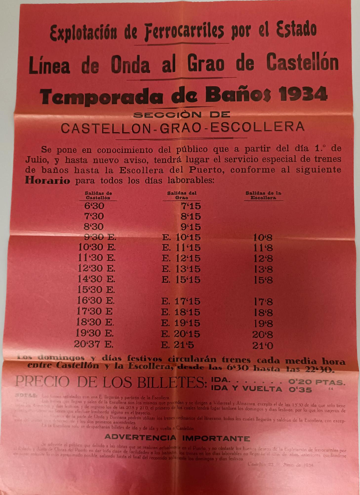 Cartel anunciador del servicio especial de trenes de baños hasta la escollera del Puerto. 22 de junio de 1934 (Autoridad Portuaria de Castellón. Archivo General). Durante la temporada estival algunos trenes de viajeros del Tranvía a Vapor de Onda al Grao de Castellón (La Panderola) prolongaban su recorrido hasta la escollera de Levante, para facilitar el acceso de los bañistas a la playa del Pinar.