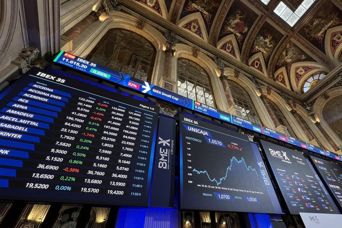 Pantalla de la Bolsa de Madrid este jueves.