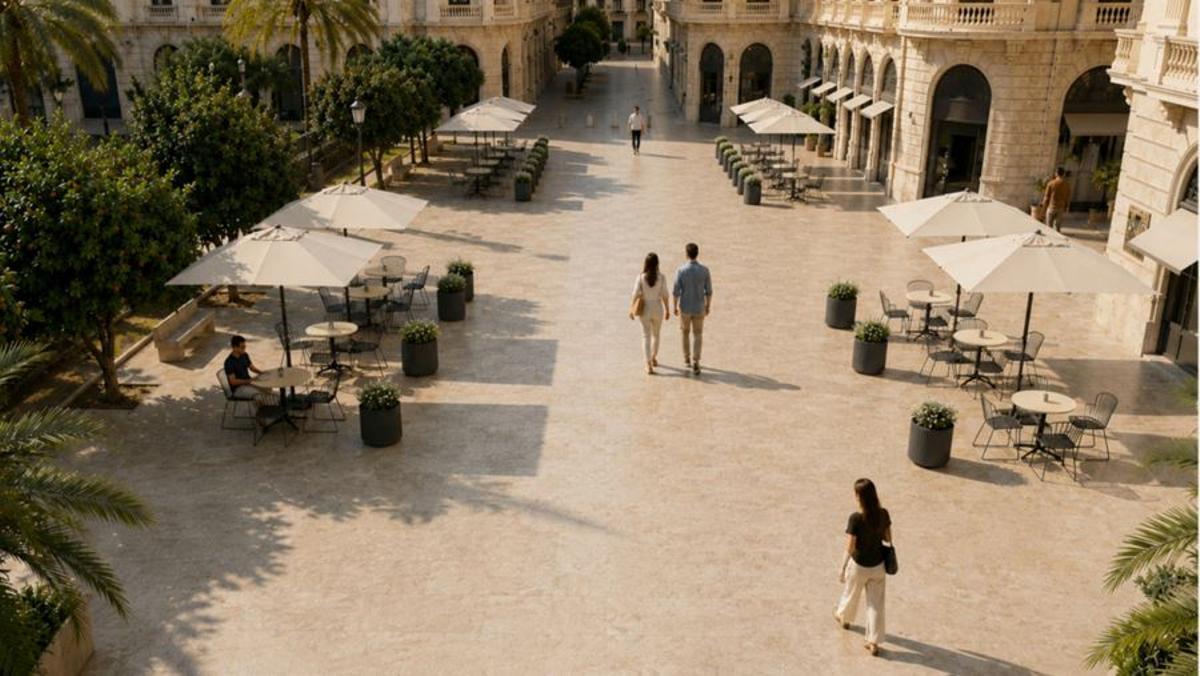 Vista general figurada de las nuevas terrazas en la plaza del Ayuntamiento.