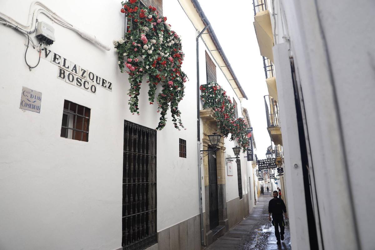 Flores de plástico y decoración de plástico en el casco histórico