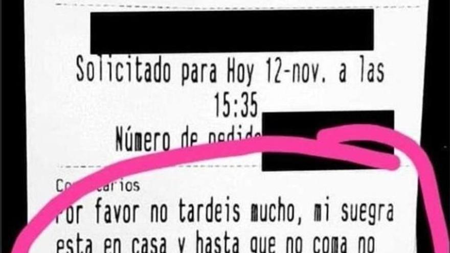 La petición de un cliente a un restaurante en un pedido  “No tardéis mucho que mi suegra...”