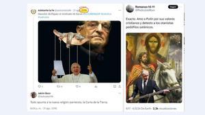 A la izquierda, un tuit contra el papa del digital integrista Adelante la Fe en 2016. A la derecha, un ultra español expresa admiración por un Putin cruzado este mes.