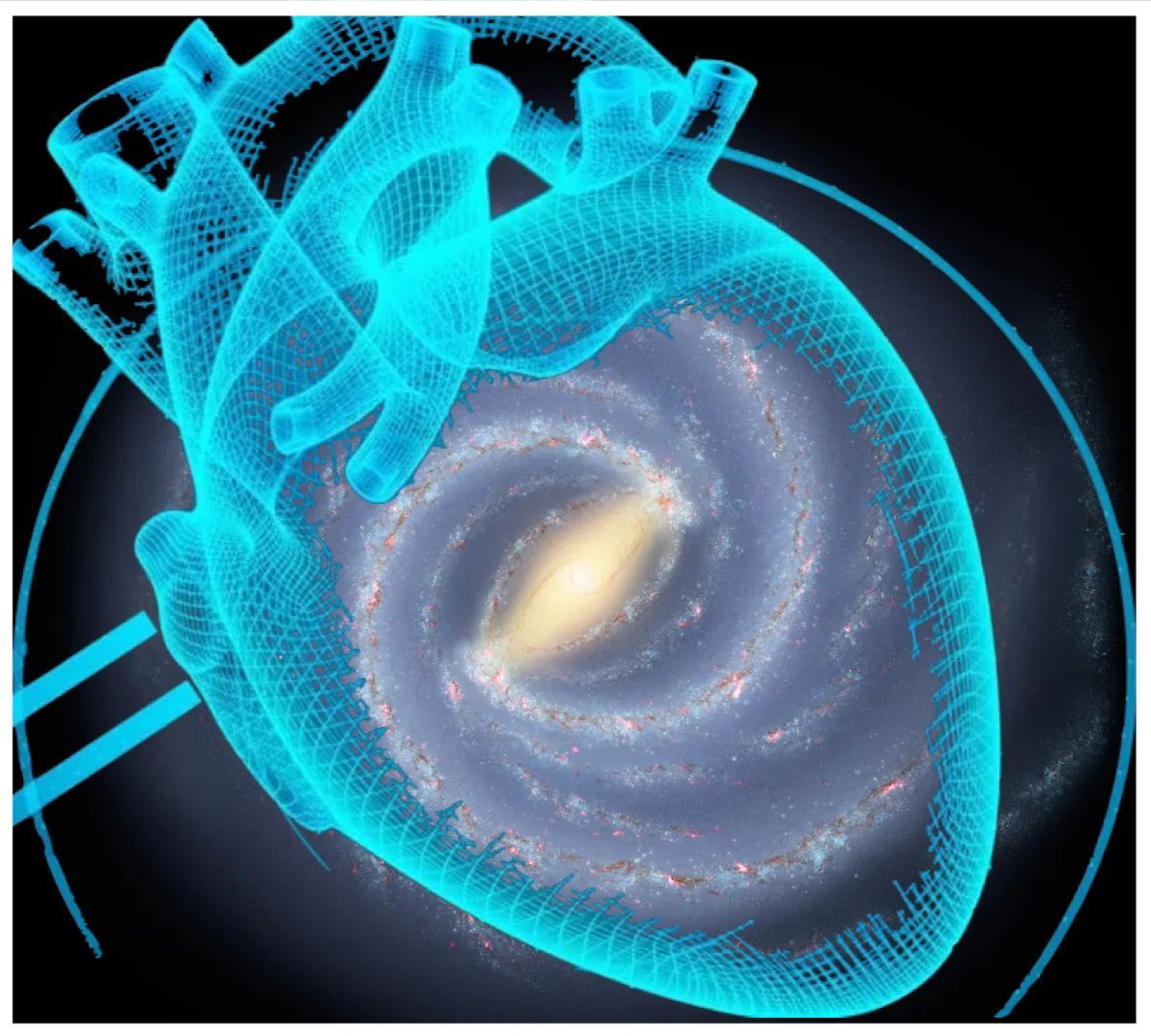 Ilustración de la nuestra galaxia La Vía Láctea superpuesta en la imagen de un corazón humano.
