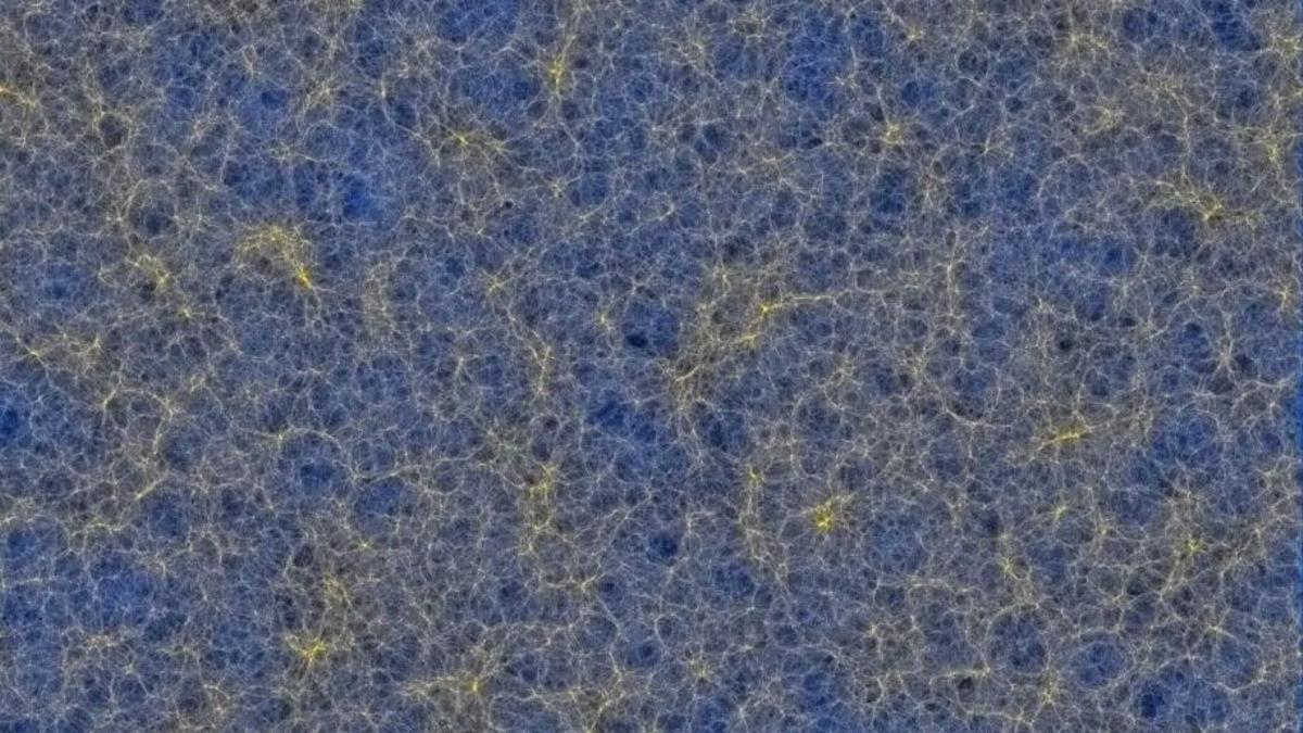 Esta imagen muestra una porción del Universo de 130 millones de años luz de espesor, a partir de una simulación cúbica de 9,1 mil millones de años luz. Representa la densidad de la materia oscura y los neutrinos. Los neutrinos se agrupan de forma diferente a la materia oscura.