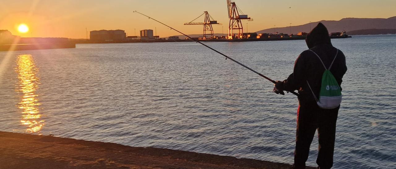 Un pescador recreativo en el puerto de Vilagarcía.