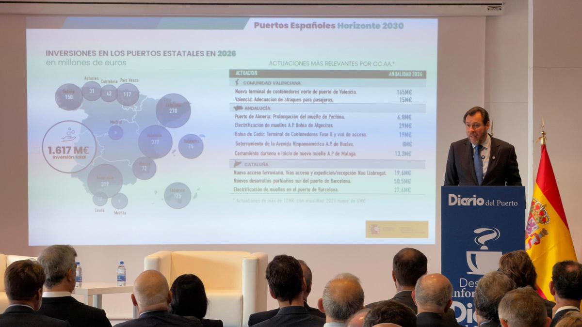 El ministro de Transportes, Óscar Puente, en un momento de su intervención en Las Palmas