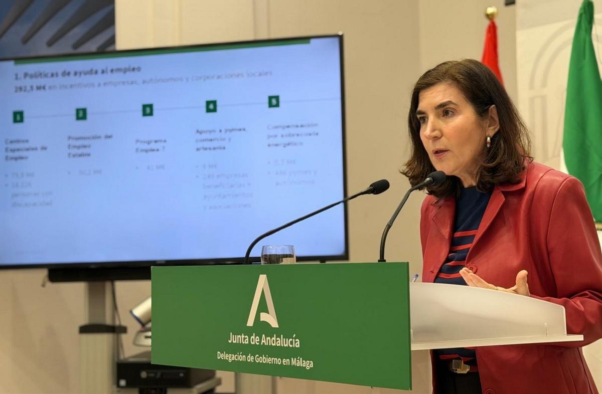La consejera andaluza de Empleo, Empresa y Trabajo Autónomo, Rocío Blanco, en el balance de actuaciones de la legislatura en Málaga.