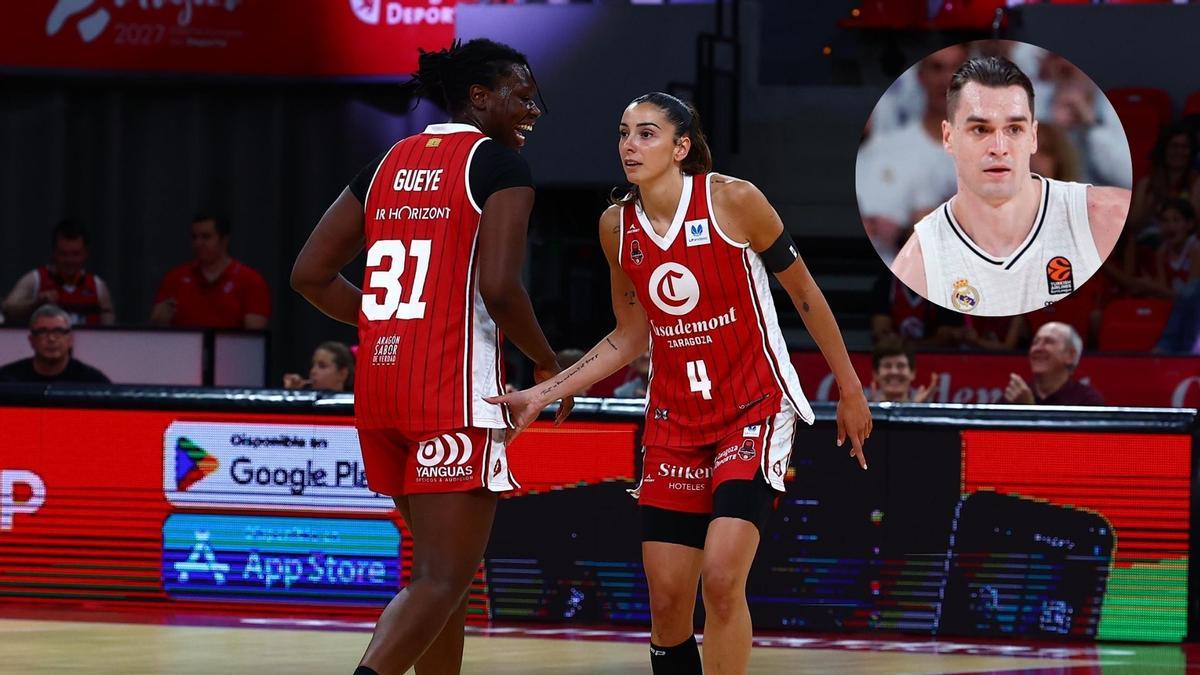Aminata Gueye sonríe junto a Mariona Ortiz tras su triplazo ante el Cadí La Seu.