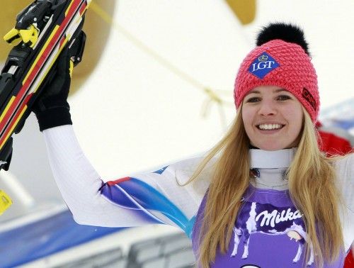 Weirather of Liechtenstein celebrates her second place on the podium after the women's FIS World Cup Downhill  race in Cortina D'Ampezzo