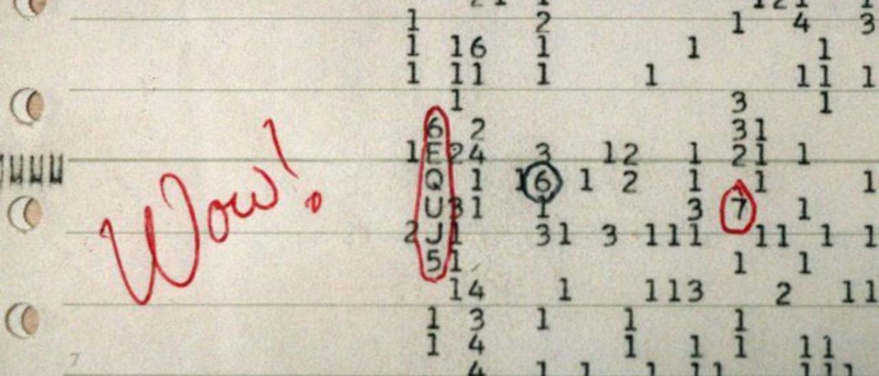 Anotación de la señal detectada en 1977 por un radiotelescopio de Ohio y bautizada como Wow!. |