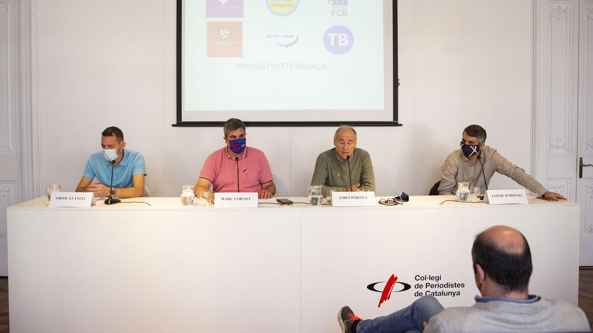 Oriol Clavell, Marc Cornet, Emili Perona y Jaume Barroso durante la rueda de prensa de los grupos de opinión del Barça
