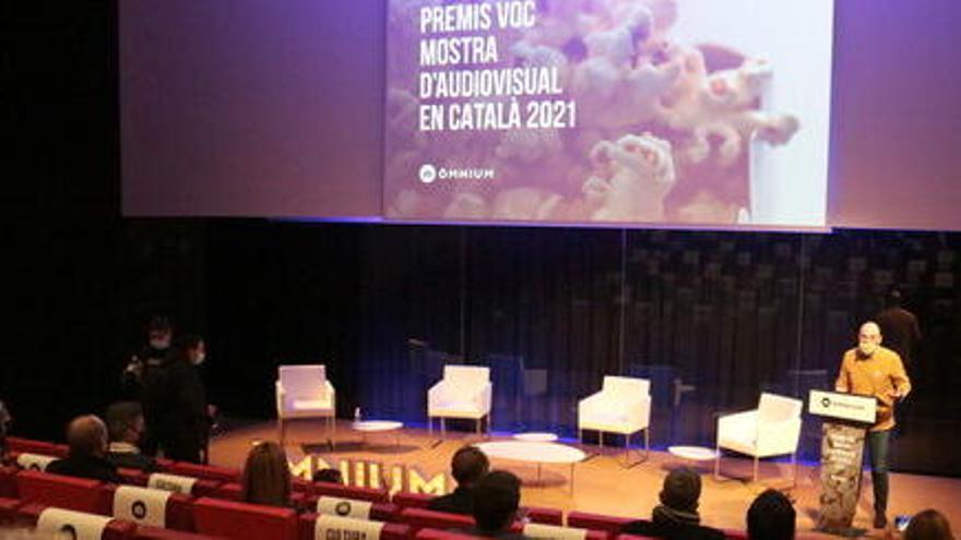 La inauguració del VOC 2021 a la Llotja de Lleida, durant la intervenció del vicepresident d&#039;Òmnium Cultural, Marcel Mauri, el 9 de febrer del 2021