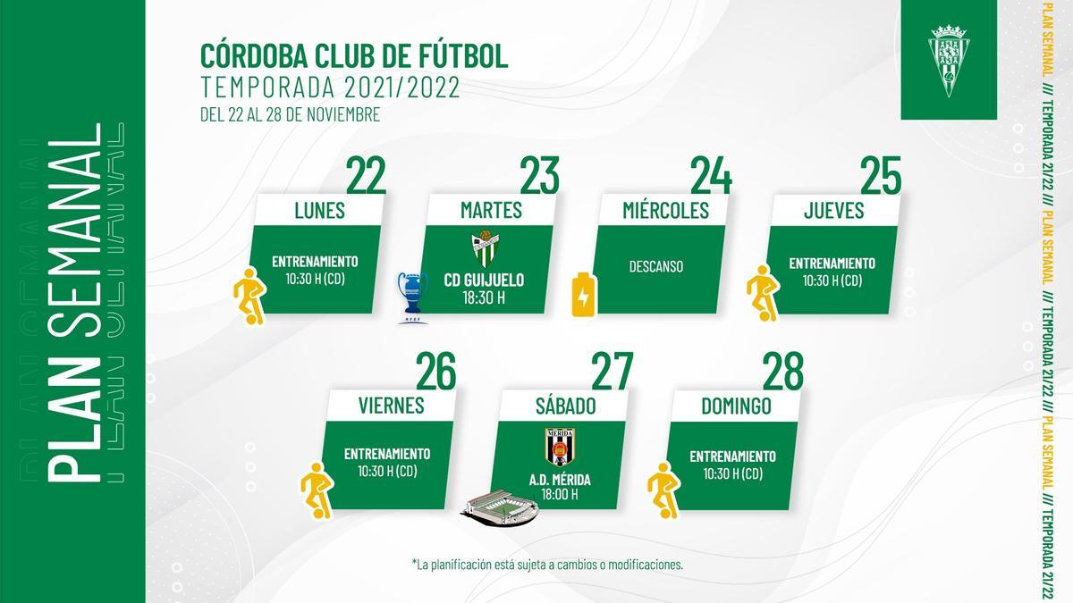 Plan de trabajo semanal del Córdoba CF publicado por el club en redes sociales.