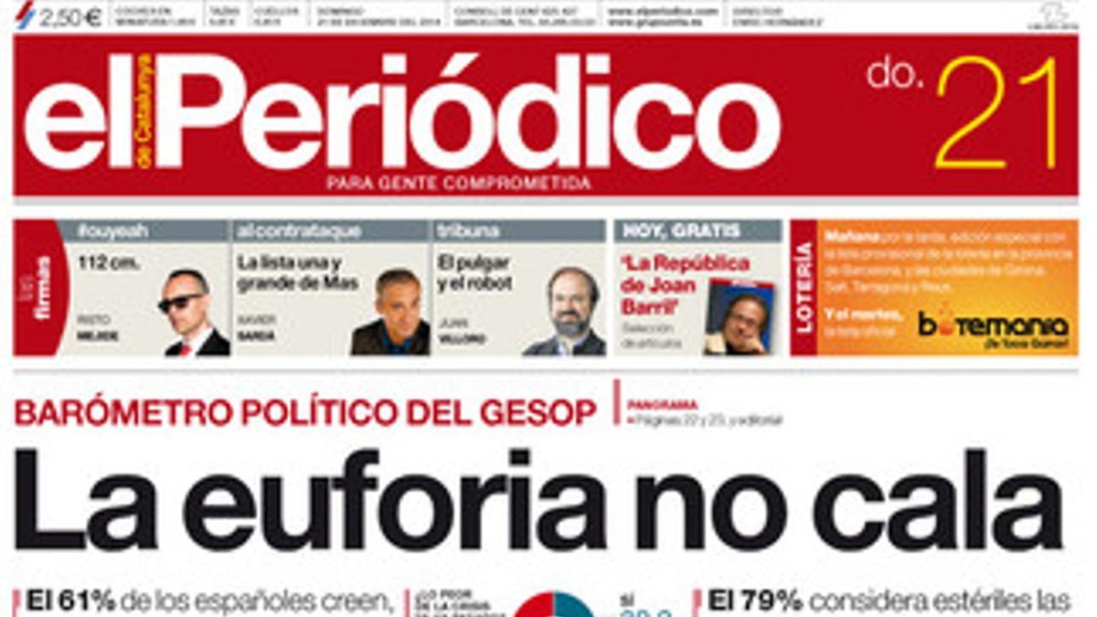 La portada de EL PERIÓDICO DE CATALUNYA del domingo 21 de diciembre.