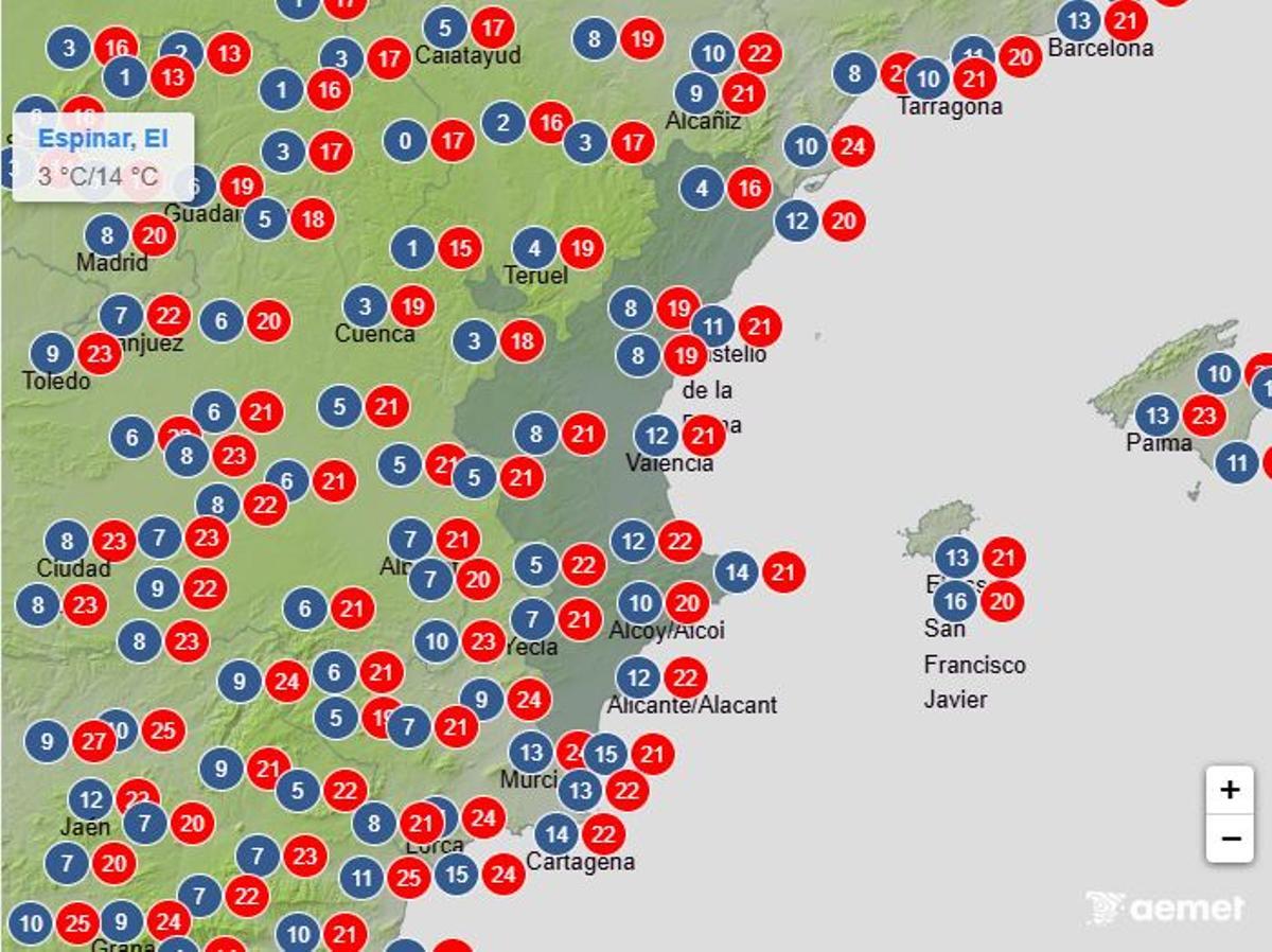 Máximas y mínimas previstas en la Comunitat Valenciana para el martes.