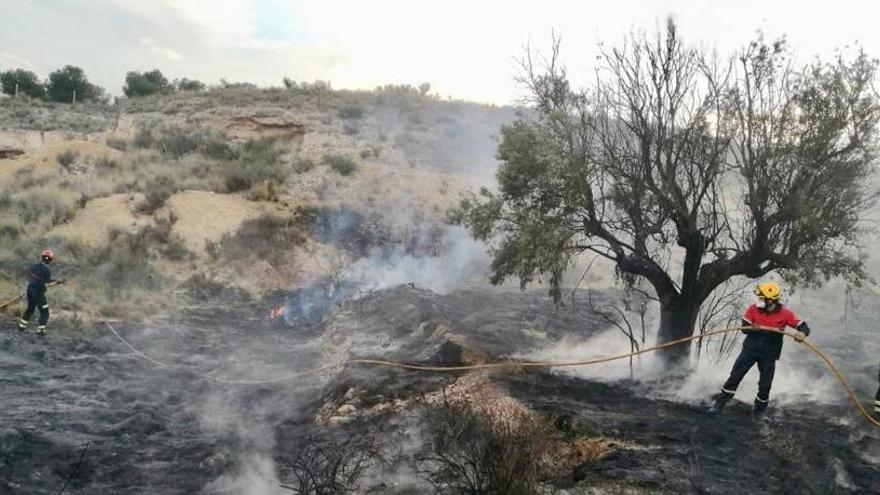 Los bomberos trabajan en la extinción de un incendio de matorral en El Moralet