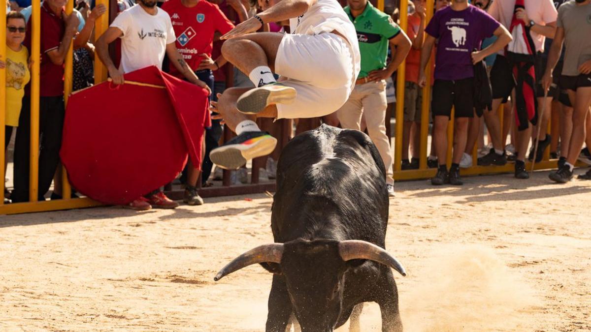 1- Jóven saltando al toro. 2- Los aficionados durante el encierro toreando al toro. 3- Un grupo de jóvenes detrás de las vallas observando al toro. 4- Un joven capoteando al toro. | José Luis Fernández