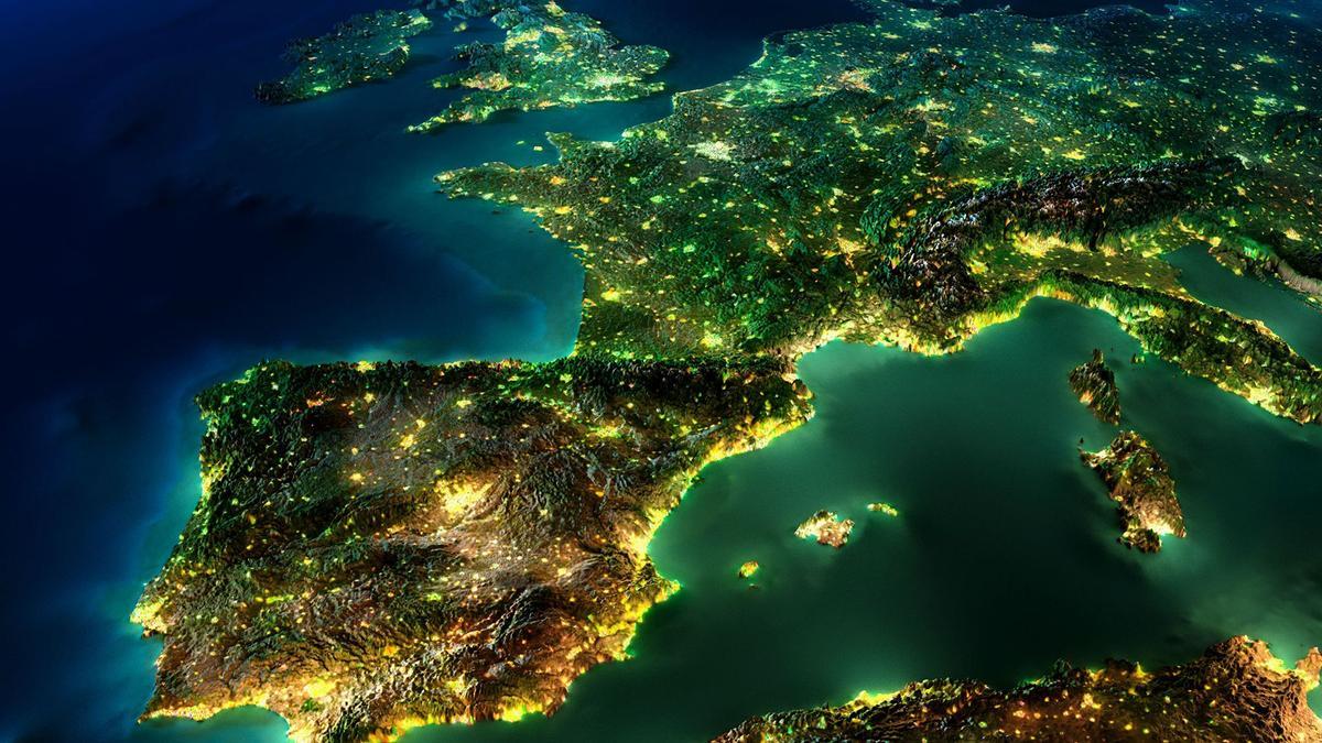 Vista espacial de Europa por la noche.