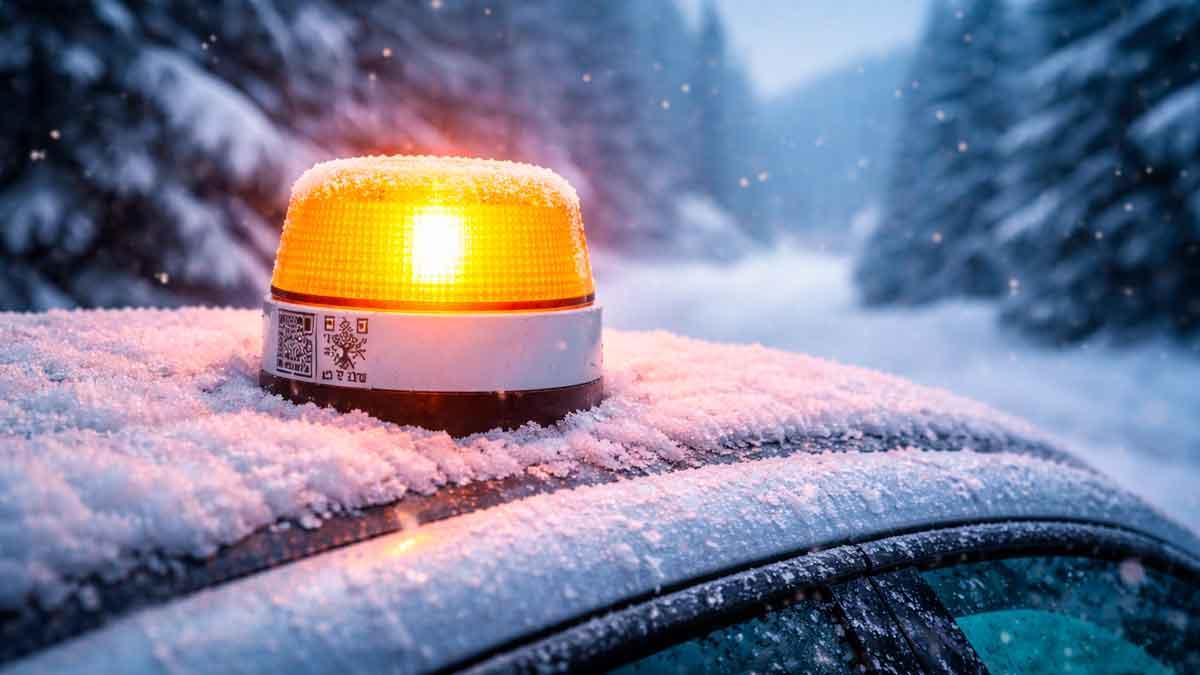 Una baliza V16 en un entorno nevado puede ser difícil de ver en carretera.