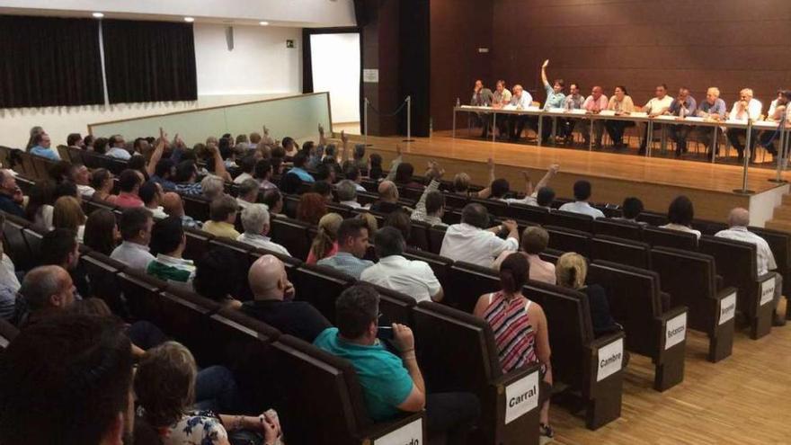 Varios ediles (el alcalde de Arteixo en la mesa), ayer al alzar la mano contra los estatutos de la mancomunidad.